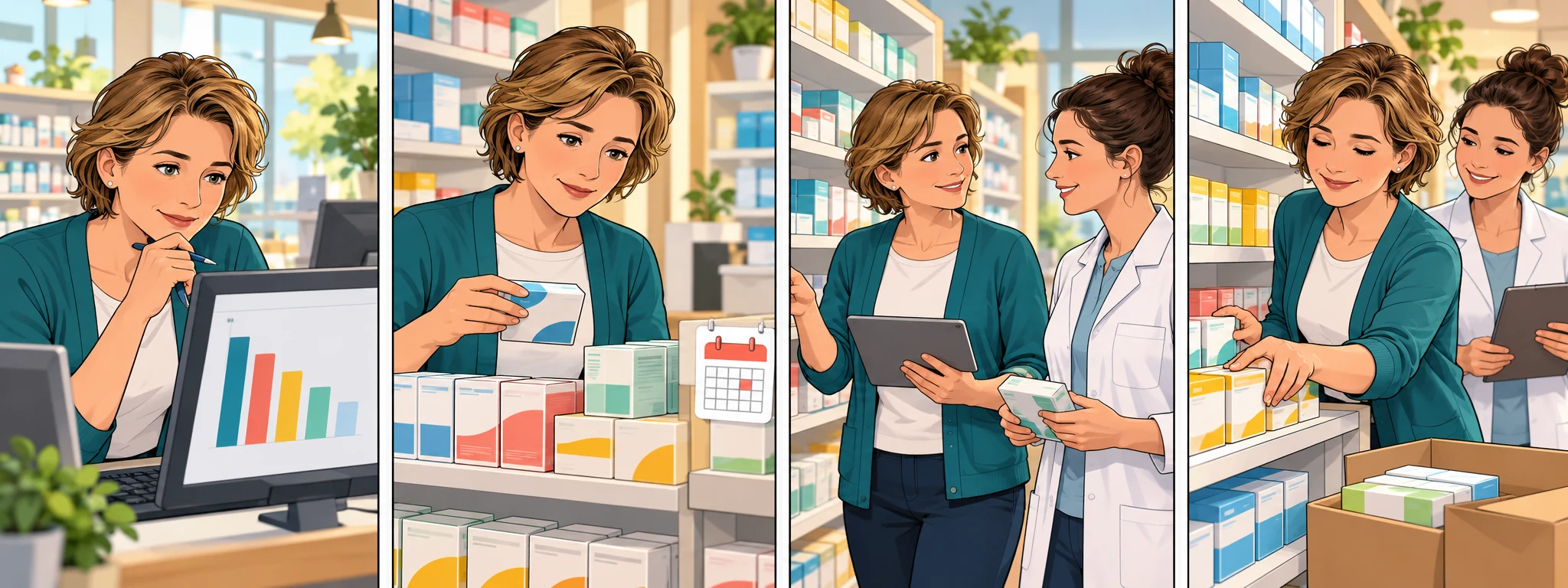 Vier Comicbilder: Eine Apothekeninhaberin prüft einen Warenwirtschaftsbericht, entdeckt langsame OTC-Ware, bespricht den Bestand mit einer Kollegin und passt die Bestellung gezielt an.